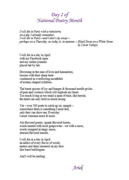 Day 2 of National Poetry Month by Ariel