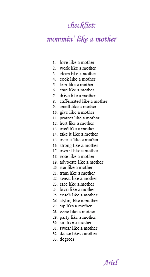 CheckList: Mommin like a mother