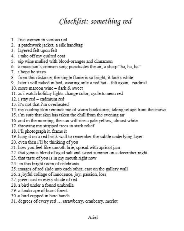 Checklist: Something Red by Ariel