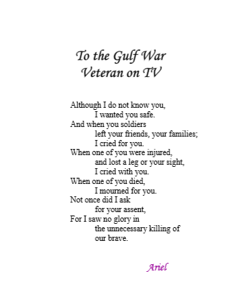To the Gulf War Veteran on TV by Ariel